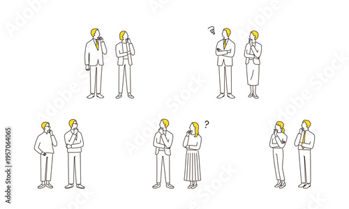 いろんな部署の悩むビジネスパーソン　線画イラストセット