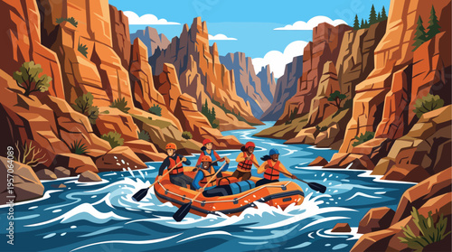 A diverse group of friends enjoy exhilarating whitewater rafting through a vibrant, sun-drenched canyon with towering rock formations.