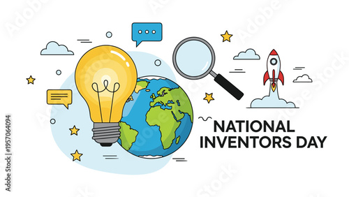 National inventors day banner featuring a light bulb, magnifying glass, globe, and rocket ship to symbolize innovation.
