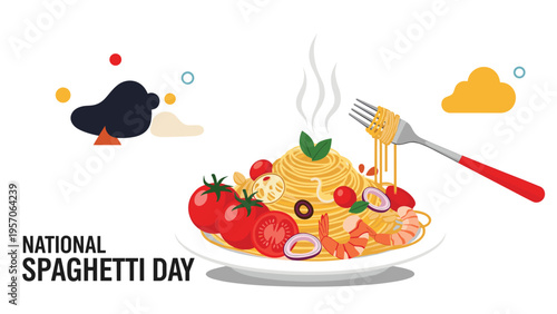 National spaghetti day celebration featuring a plate of pasta with tomatoes, shrimp, onions, and a fork with noodles.