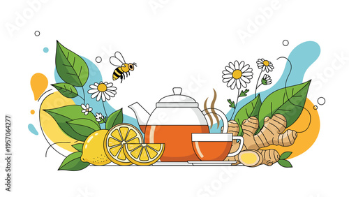 Relaxing herbal tea composition with a glass teapot, cup, lemon slices, ginger root, chamomile flowers, and a bee.