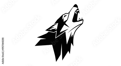A black and white graphic illustration of a wolf's head howling upwards on a plain white