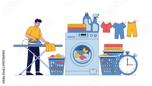 Household chores concept featuring a man ironing clothes next to a washing machine, laundry baskets, and cleaning supplies.