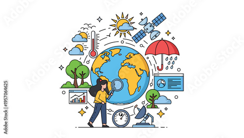 Global ecology and weather monitoring concept with a woman using a magnifying glass on an earth globe and meteorology icons.