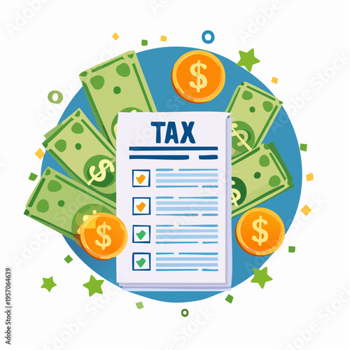 Understanding tax forms and money management with bills and coins around a document about taxes