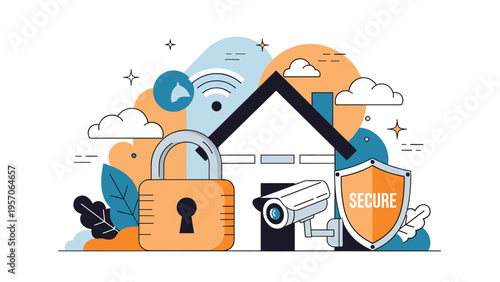 Modern home security and surveillance concept with a house, cctv camera, large padlock, and a protective shield symbol.