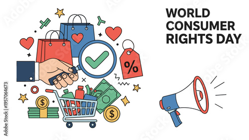 World consumer rights day celebration with shopping bags cart money and loudspeaker symbol for customer protection awareness.
