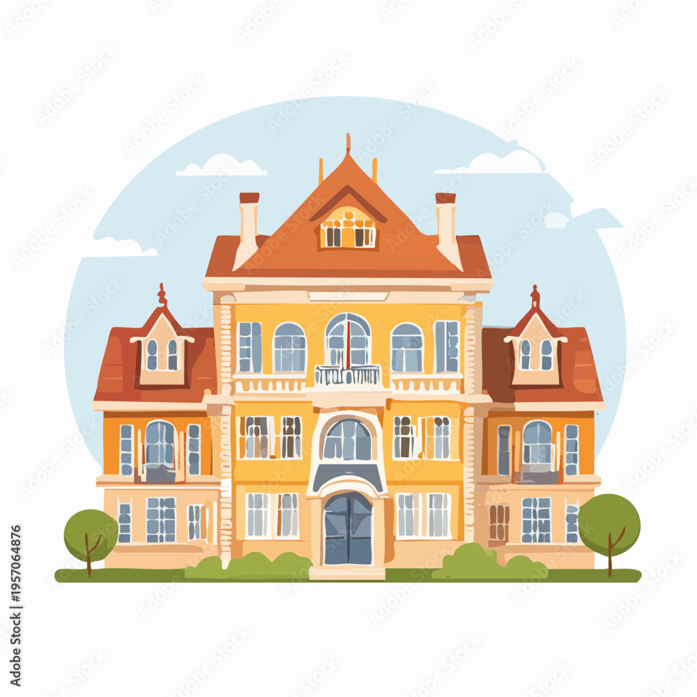 Fototapeta premium Old style house with orange roof and large windows in a simple setting during the day