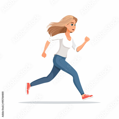 Young woman runs quickly in casual clothes in a simple location during daylight hours