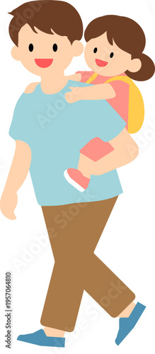 Happy father carrying daughter on back, family illustration