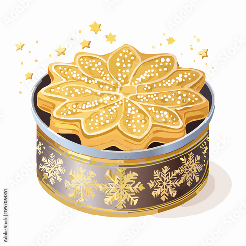 Cookies in a decorative tin with a flower shape on top, featuring a snowflake design, with sparkles in the background during winter season