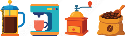 A collection of coffee-making equipment including a French press, a drip coffee maker with a mug, a manual coffee grinder, and a burlap sack filled with coffee beans and a scoop.