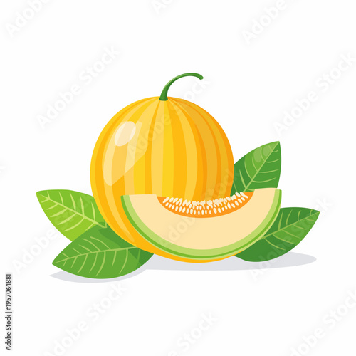 Fresh yellow melon with cut piece and green leaves on a light background presenting summer fruit enjoyment