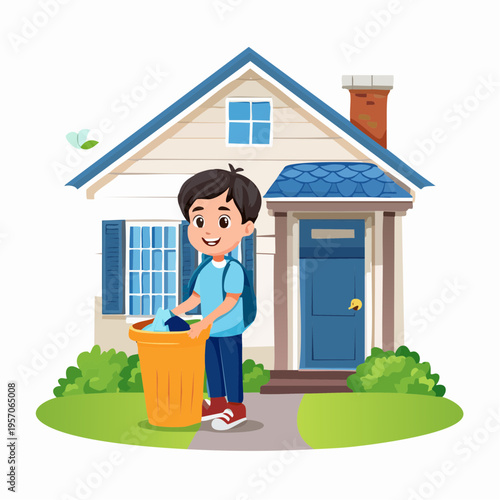 Boy taking out trash in front of house with blue door and chimney during daytime