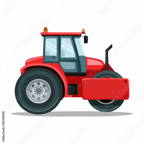 Red tractor parked on a flat surface during daylight hours in a rural setting with clear blue skies