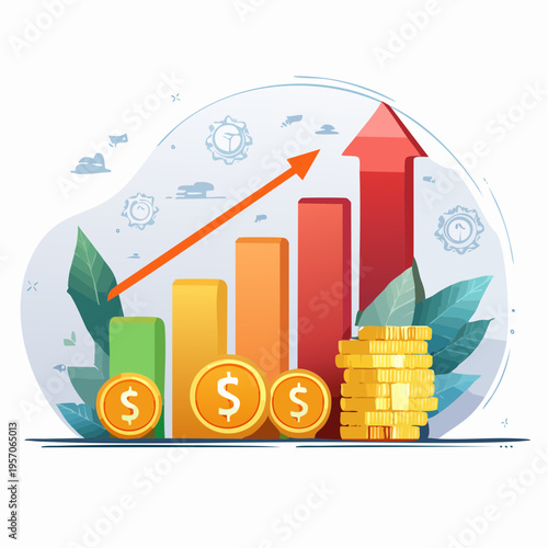 Growth in financial investments shown through a rising bar graph, coins, and stacks of money in a simple design