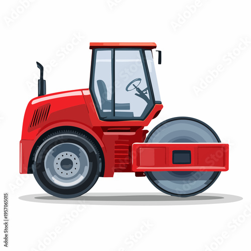 Red steamroller working on construction site during daylight hours in a busy city environment