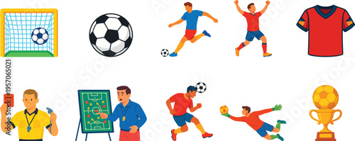 Collection of soccer-related icons including a goal, ball, players in action, a referee, a coach, and a trophy.