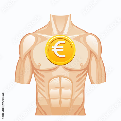 Muscle drawing with euro coin in center highlights concept of financial strength and body wellness in a simple graphic design