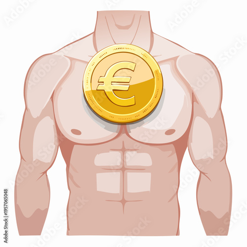 Muscle body with euro coin on chest in simple graphic form showing strength and finance ideas