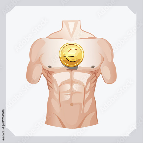 Muscle anatomy with a euro coin placed on the chest area in a digital art style showing a combination of fitness and finance themes