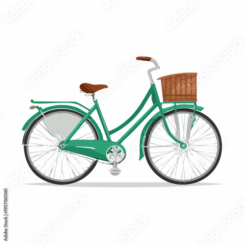 Bicycle with a basket stands on a white background during morning or afternoon hours in a simple urban setting