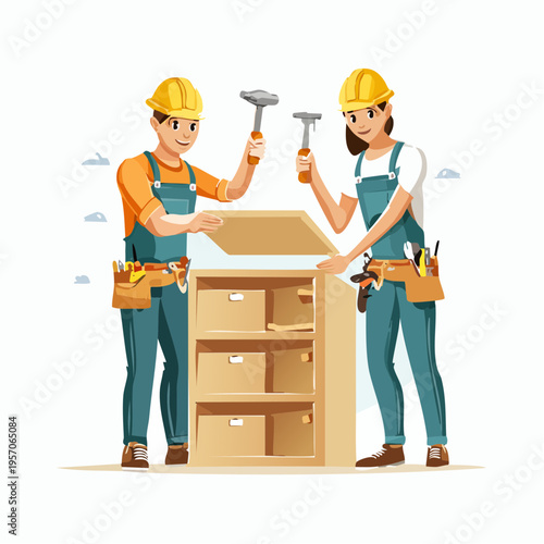 Workers build a cabinet in a workshop during the day while using tools and smiling at each other