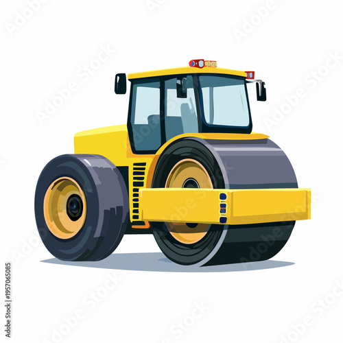 Construction vehicle works on a project site during the day with a clear sky and strong sunlight in a city