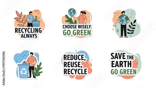 Collection of eco friendly stickers and icons promoting recycling green living and environmental protection with people and earth symbols.
