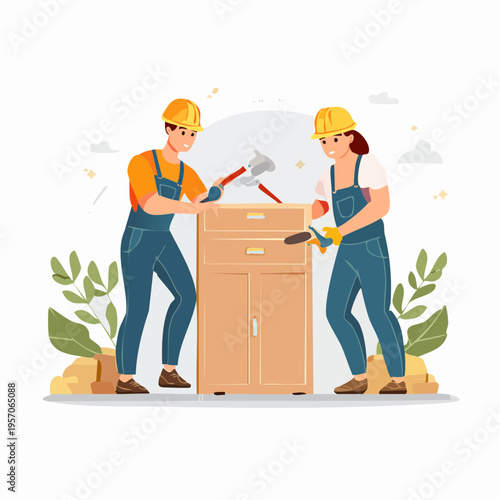 Workers build a wooden cabinet in a workshop during daytime with tools and materials around them