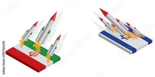  illustration showing multiple missiles launching from platforms featuring the Iranian and Israeli flags, symbolizing escalating military tension and potential conflict between Iran and Israel.