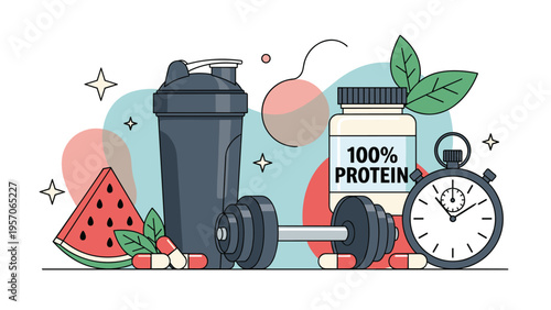 Fitness and sports nutrition concept showcasing gym equipment like dumbbells with protein supplements healthy fruit and a stopwatch.