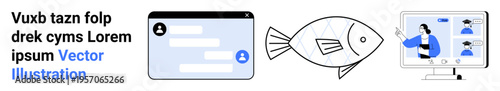 Digital identity, communication, creative design, phishing concept, online interaction, user interface. Abstract fish, user interface window person on video call. Digital identity and communication