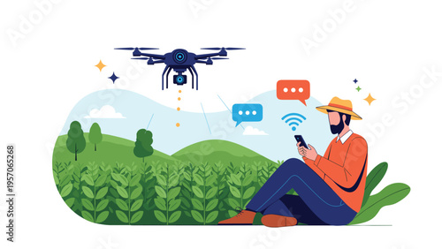 Smart farming technology showing a farmer using a smartphone to control a drone over crops for precision agriculture and monitoring.