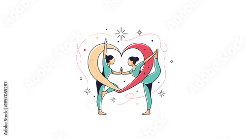 Yoga and wellness concept featuring two women performing graceful poses that form a heart shape with decorative flowing ribbons.