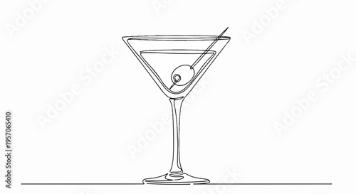 Martini cocktail glass with olive garnish on white background simple line drawing