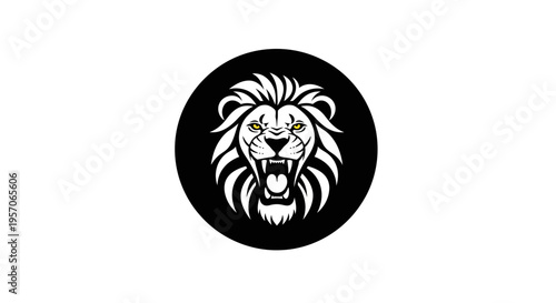 A black and white illustration of a roaring lion's head in a circular frame against a