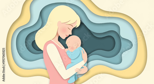 Mother tenderly holding newborn baby in her arms with love and care indoors