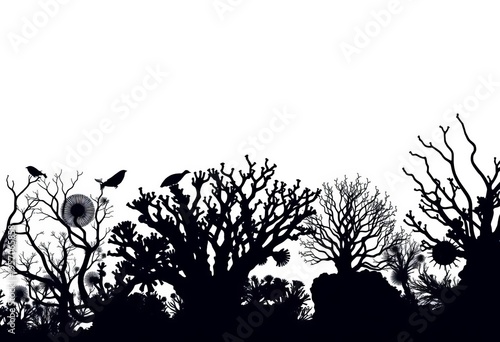 Intricate silhouettes of diverse coral species against a clear background,  sea,   clipart