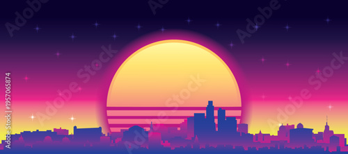 Purple generic retro futuristic synthwave panoramic poster of the city skyline with misty background sunset buildings of LOS ANGELES, CALIFORNIA