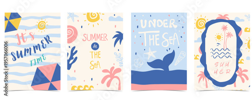 Blue pink Hand drawn Summer Beach Poster Set with Sea whale tail,umbrella,sea for vacation invitation.It’s summer time