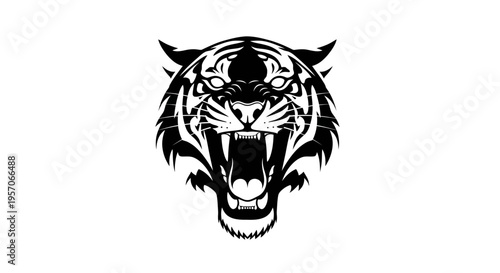 Black and white illustration of a tiger's head with an open mouth on a white background.