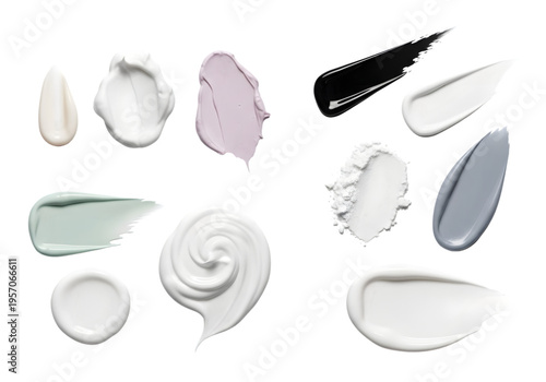 Various Cosmetic Cream and Powder Swatches on White Background