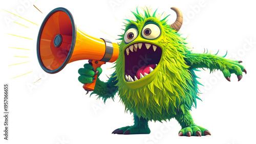Funny green fuzzy monster character shouting into an orange megaphone with radiant lines, concept of loud announcement and communication