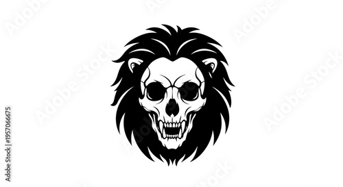 A black and white illustration of a lion's head with a skull, against a plain white