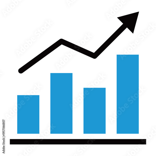 実績と上昇トレンドを強調した棒グラフと折れ線のアイコン（2色・青・データ分析・成長・進捗管理・ビジネス）