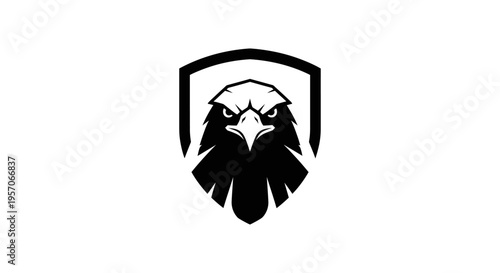 Black silhouette of an eagle head within a shield on a white background.