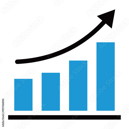 加速度的な成長を表現した棒グラフと上昇矢印のアイコン（2色・青・ビジネス・急成長・トレンド・データ分析）