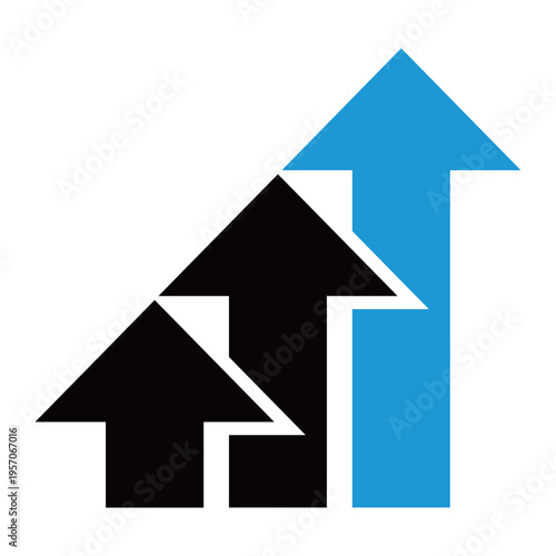 過去の実績から爆発的な飛躍を遂げる上昇矢印のアイコン（2色・青・ブレイクスルー・パラダイムシフト・急成長・潜在能力）