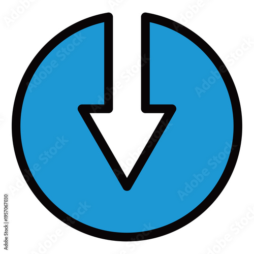リスクやコスト削減を表現した下降矢印の円形アイコン（2色・青・下向き・低下・緊急停止・問題発生）